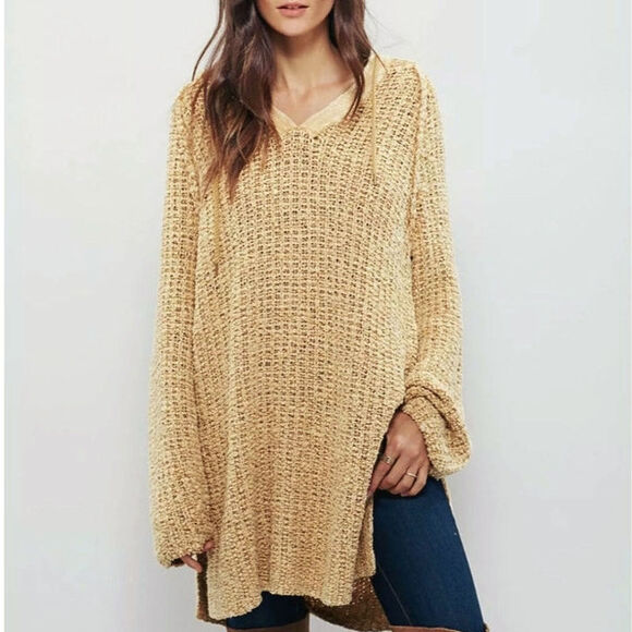 Free People Chunky Knit Crochet Hoodie Long Tunic Pullover Sweater Size M - Picture 1 of 16